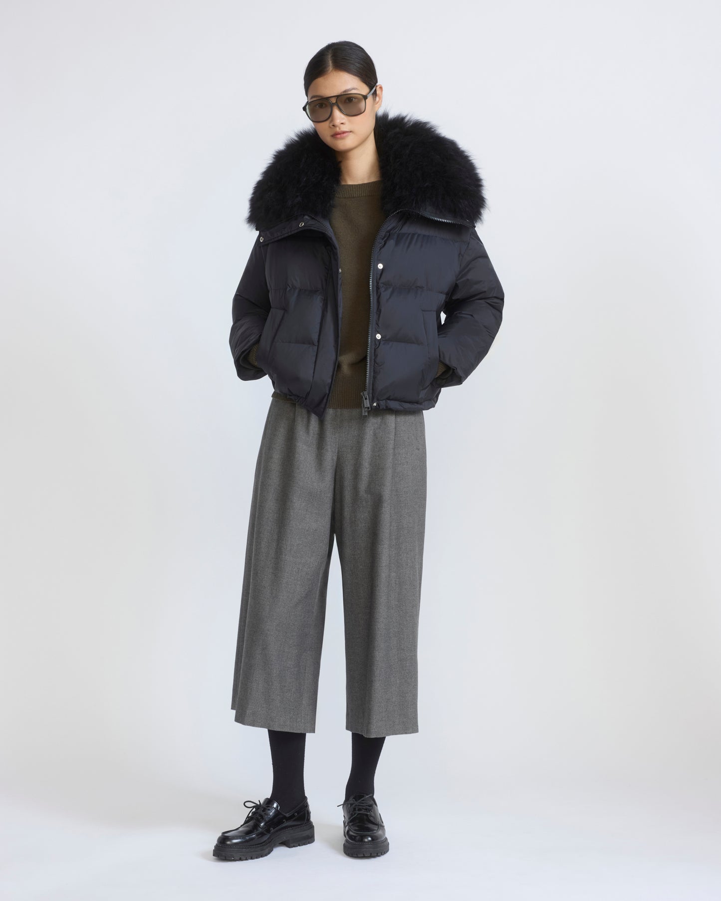 Short down jacket in waterproof technical fabric with airy lambswool trim