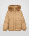 Short down jacket with raglan sleeves and fox fur trim