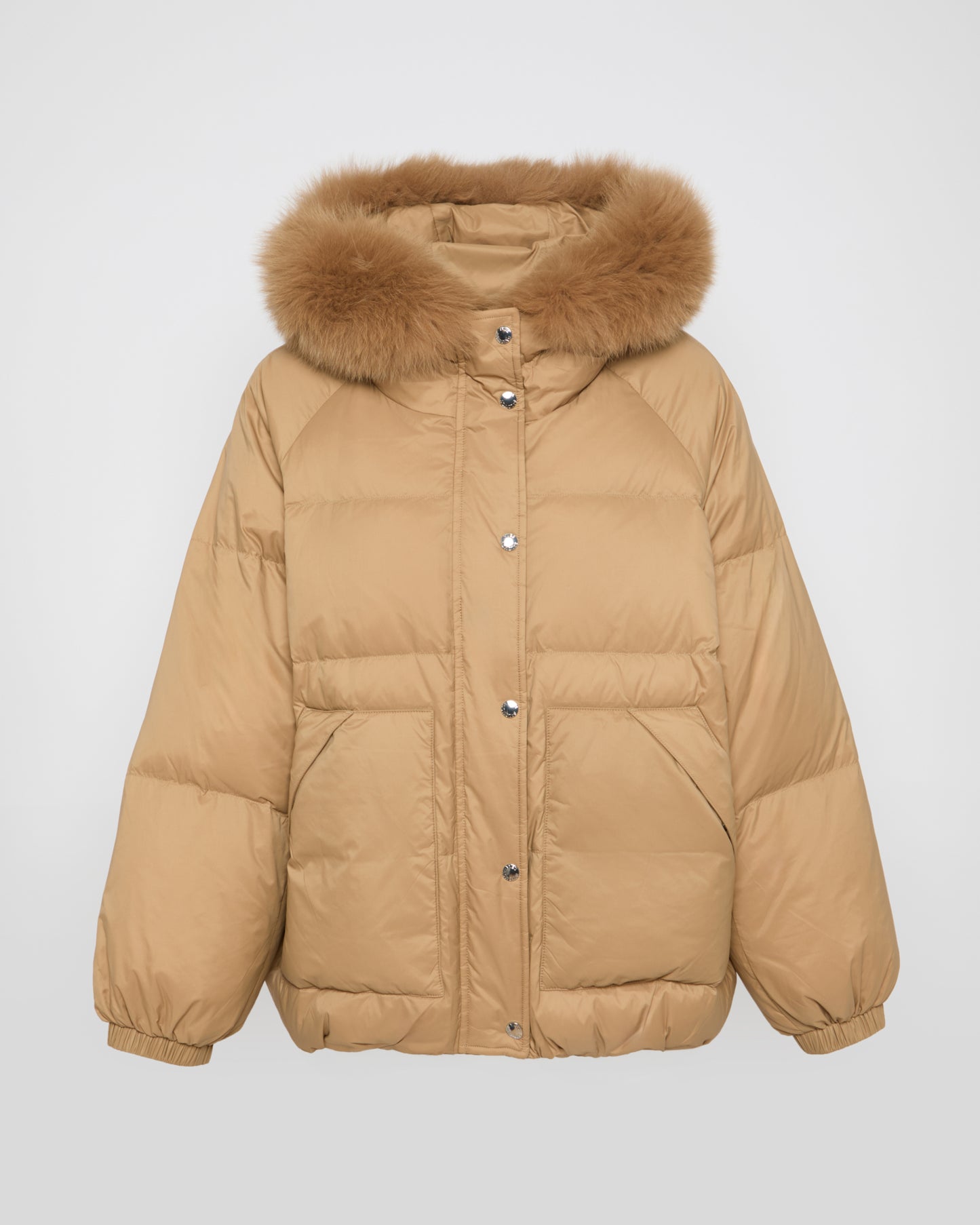 Short down jacket with raglan sleeves and fox fur trim