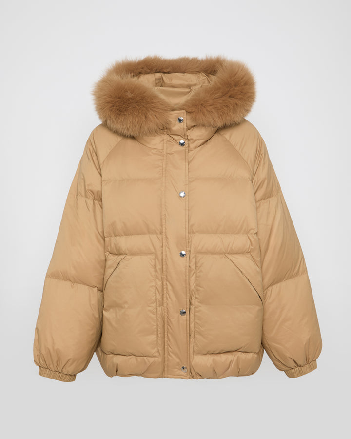 Short down jacket with raglan sleeves and fox fur trim