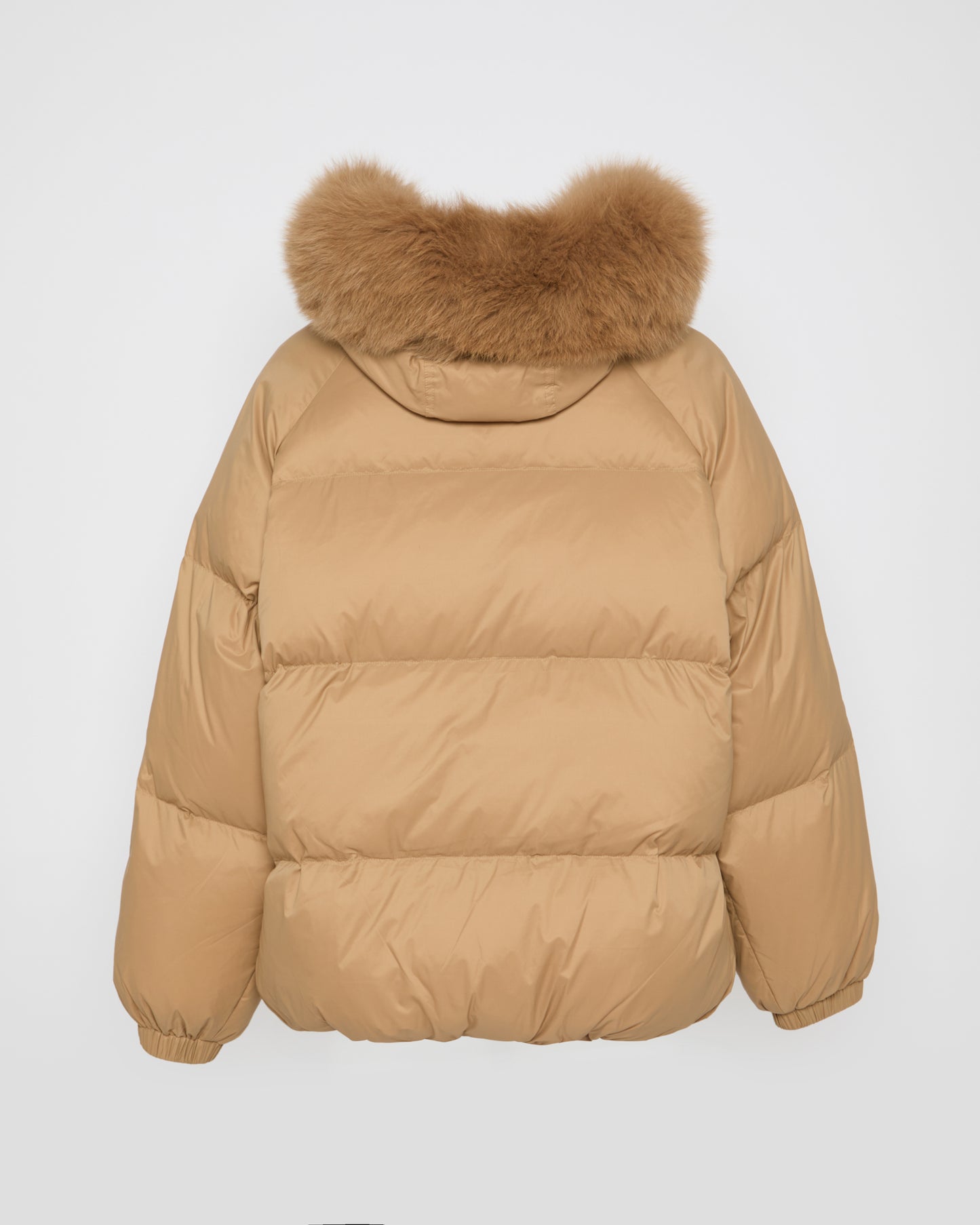 Short down jacket with raglan sleeves and fox fur trim