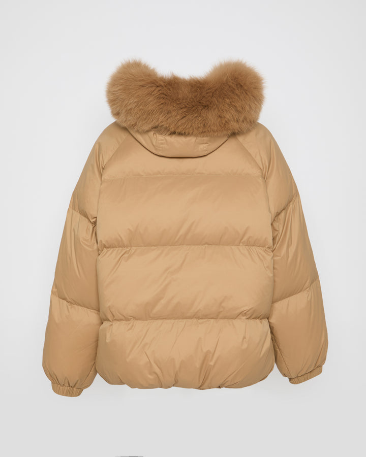 Short down jacket with raglan sleeves and fox fur trim