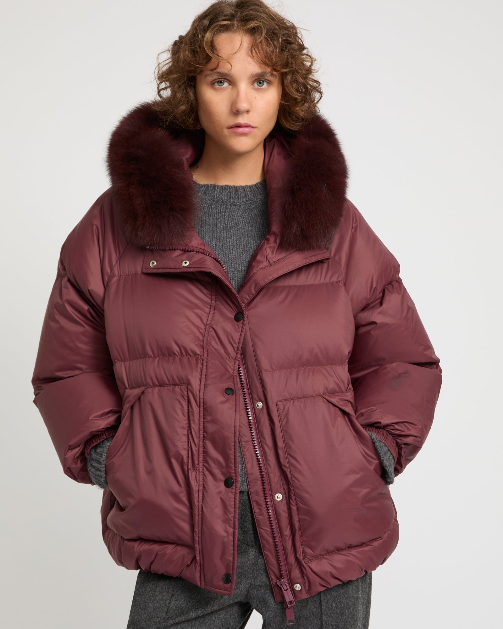Down jacket with fox fur trim - Burgundy - Yves Salomon