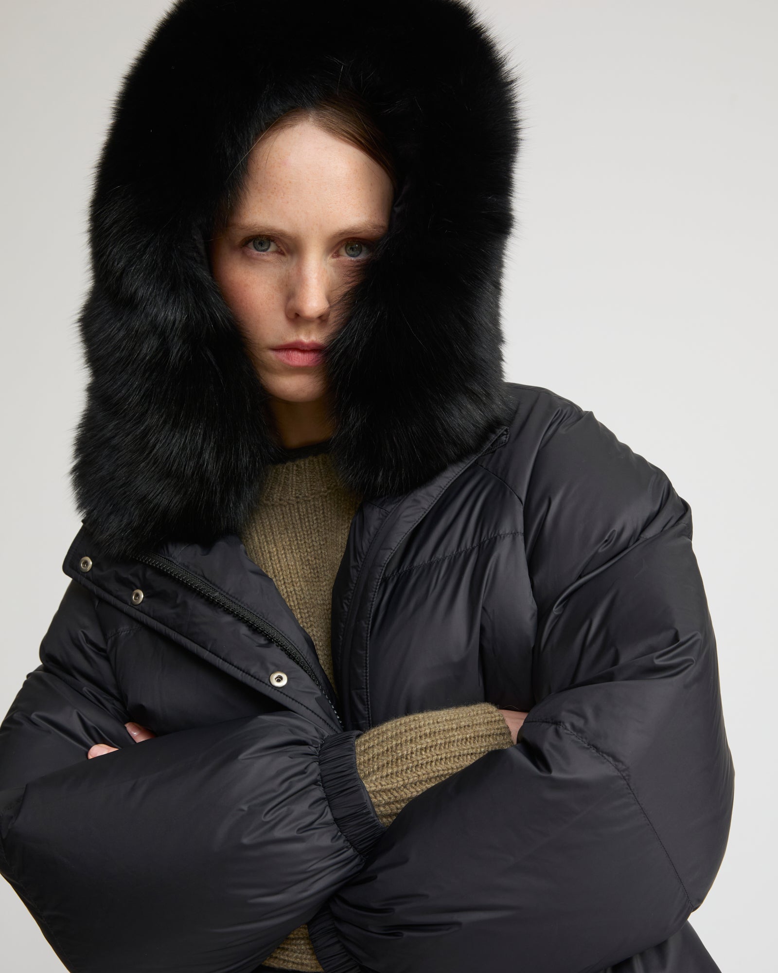 Down jacket with fox fur trim - Black - Yves Salomon