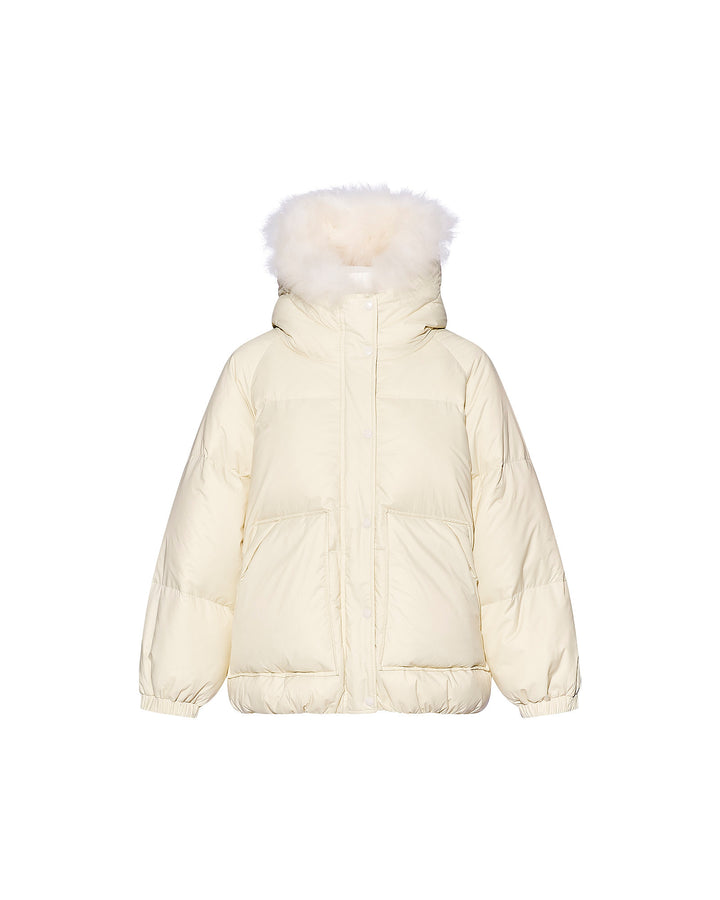 Short down jacket with raglan sleeves and fluffy lambswool trim