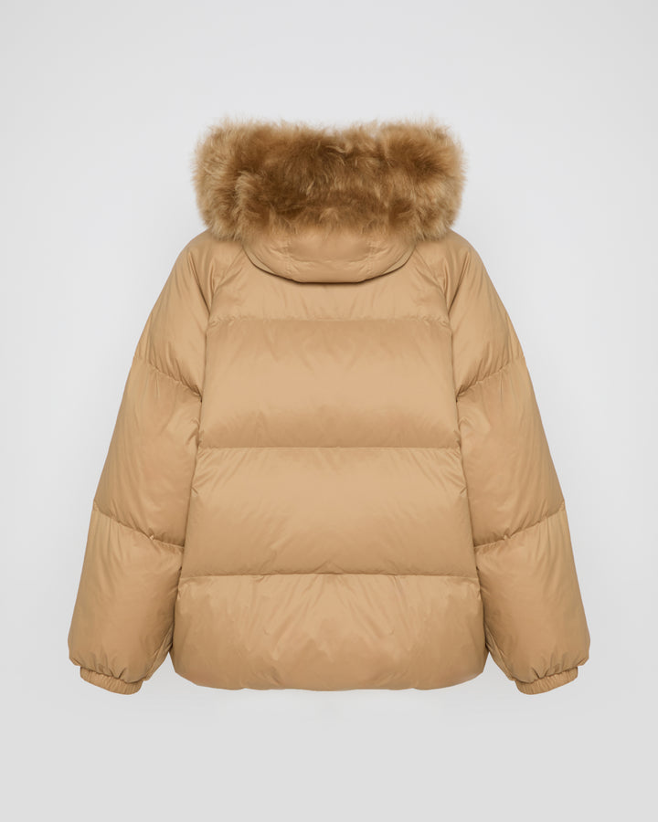 Short down jacket with raglan sleeves and fluffy lambswool trim
