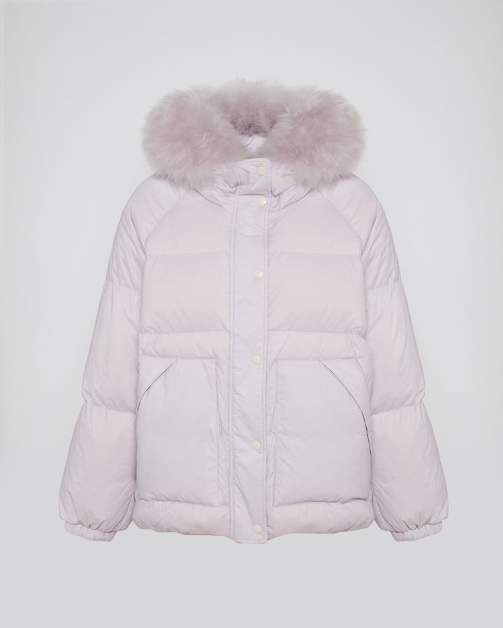 Short down jacket with raglan sleeves and fluffy lambswool trim