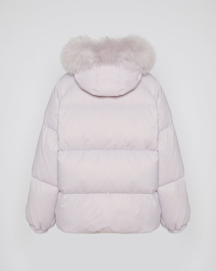 Short down jacket with raglan sleeves and fluffy lambswool trim