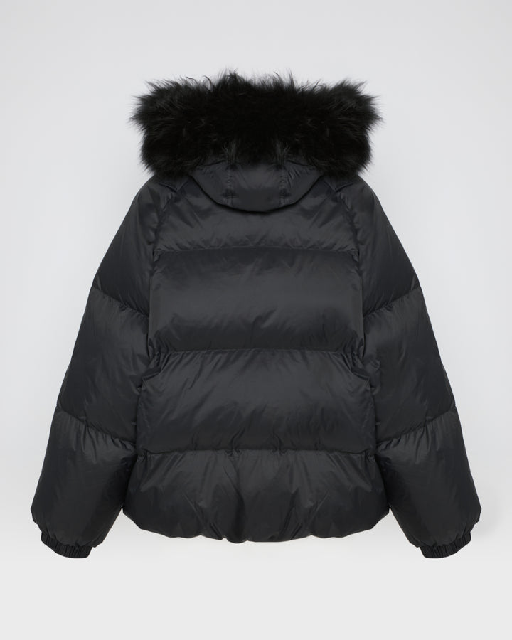 Short down jacket with raglan sleeves and fluffy lambswool trim