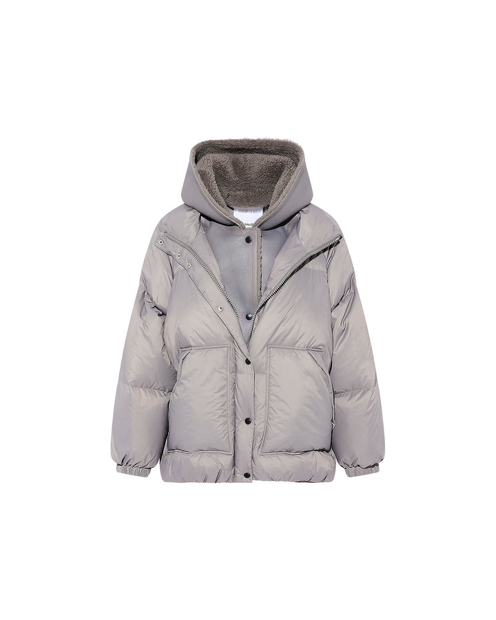 Short down jacket with shearling bib