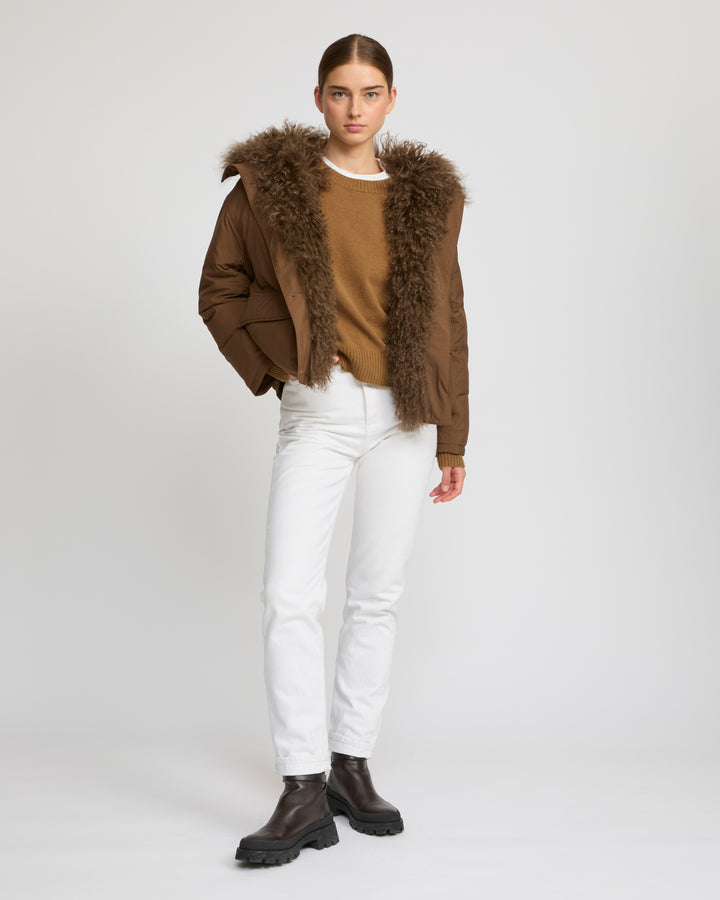Short ultra-light down jacket with curly lambskin trim