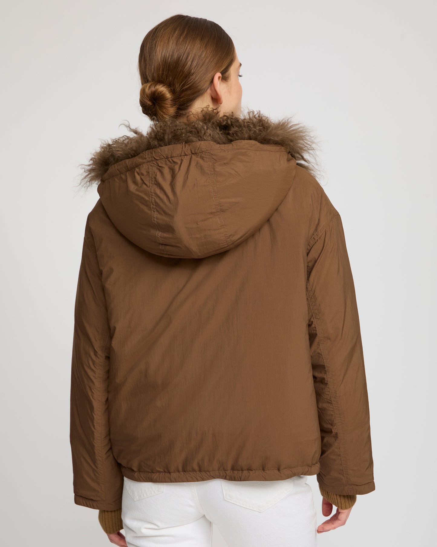 Short ultra-light down jacket with curly lambskin trim