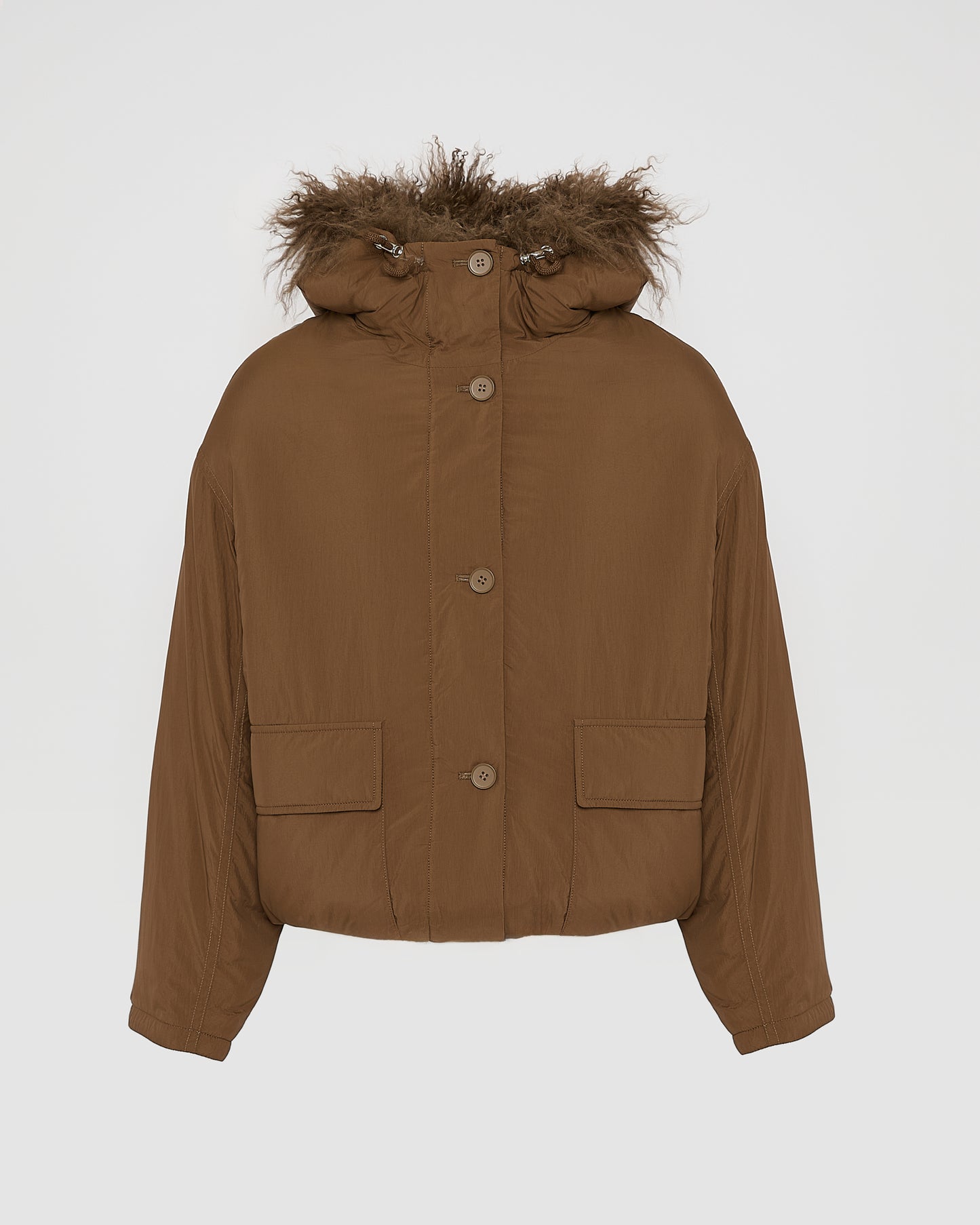 Short ultra-light down jacket with curly lambskin trim