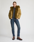 Short ultra-light down jacket with curly lambskin trim