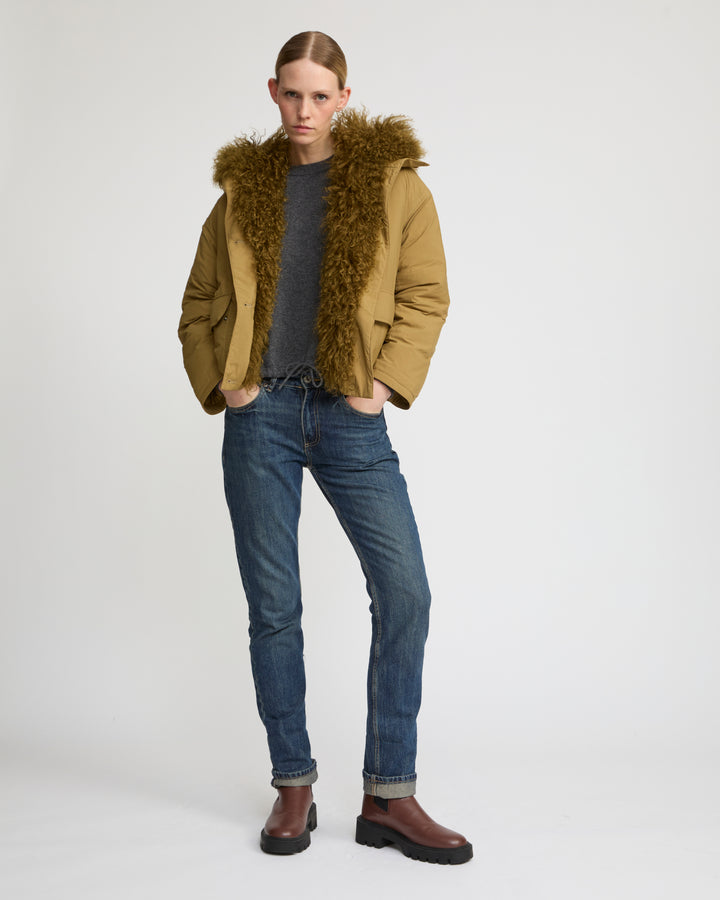 Short ultra-light down jacket with curly lambskin trim