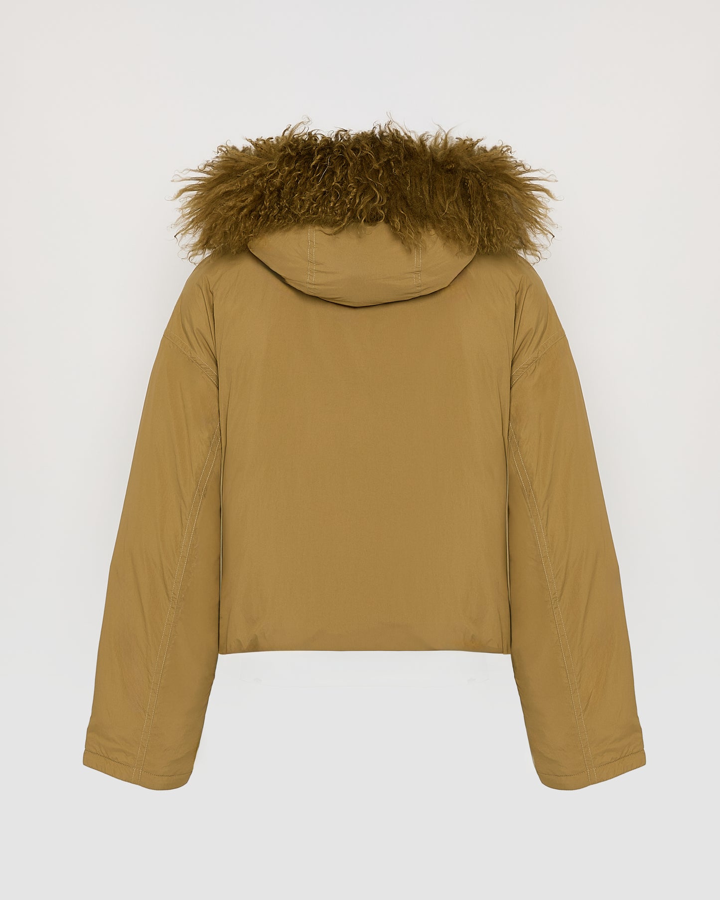 Short ultra-light down jacket with curly lambskin trim