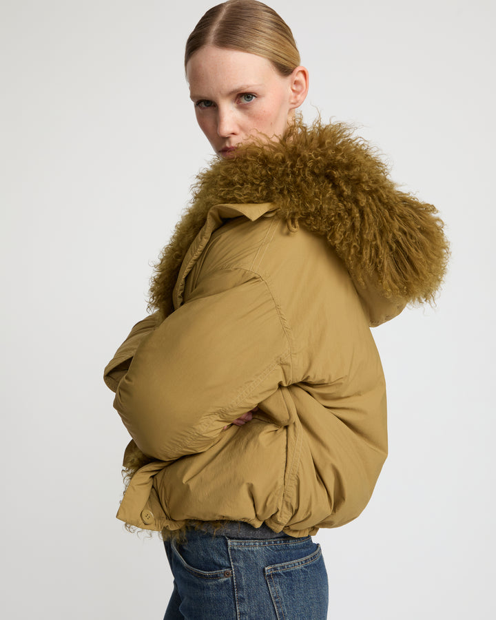 Short ultra-light down jacket with curly lambskin trim