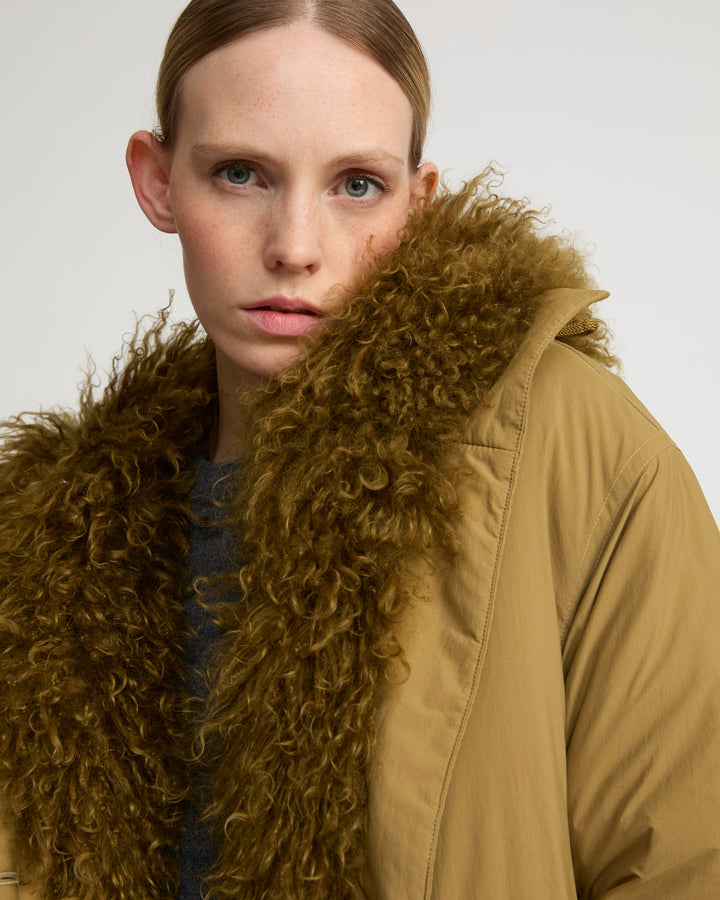 Short ultra-light down jacket with curly lambskin trim