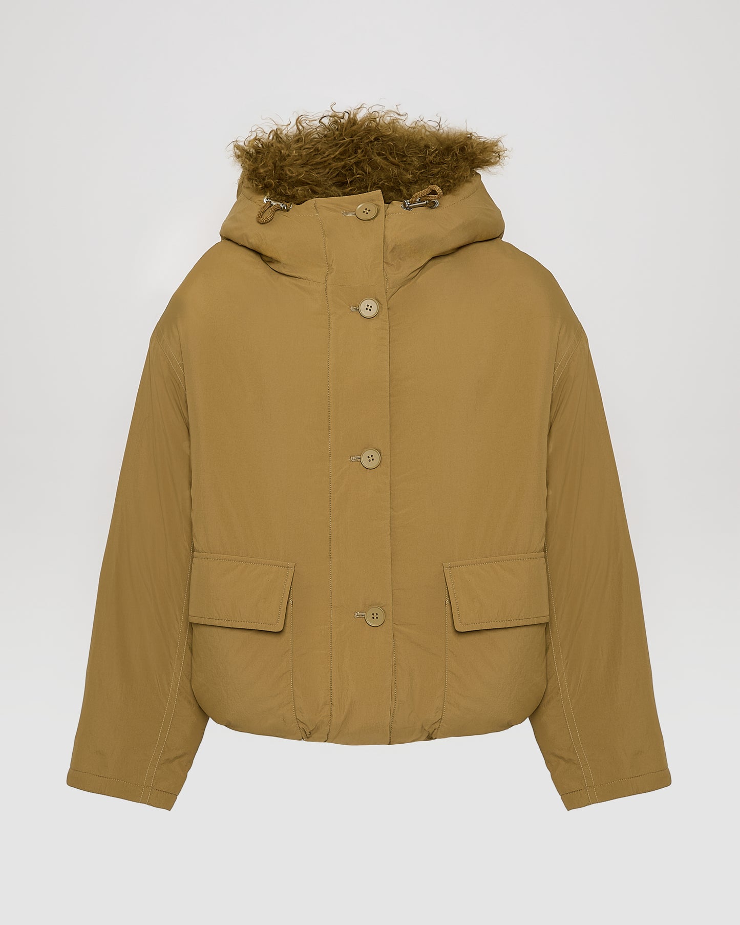 Short ultra-light down jacket with curly lambskin trim