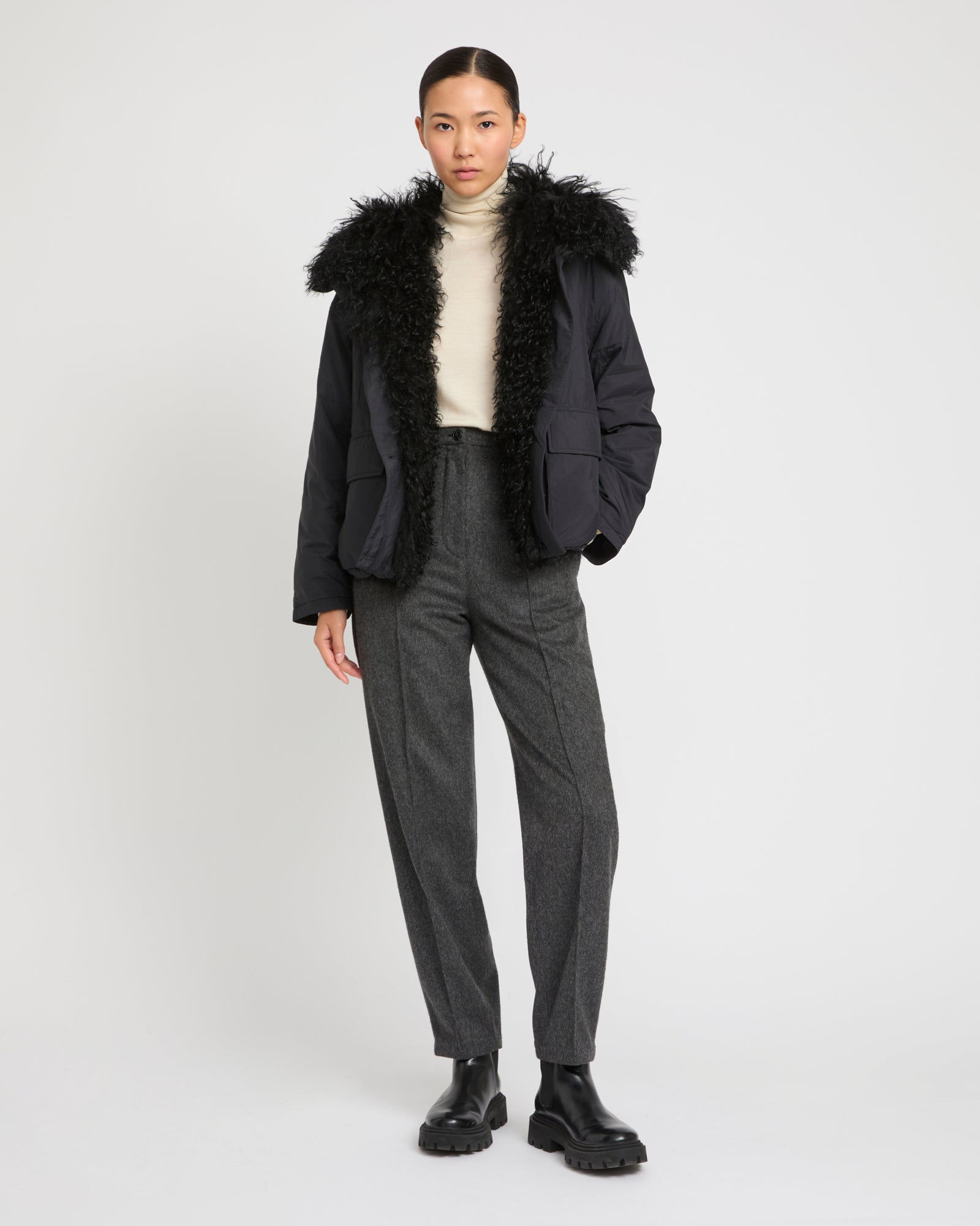 Down jacket with curly lambskin trim - Black - Yves Salomon