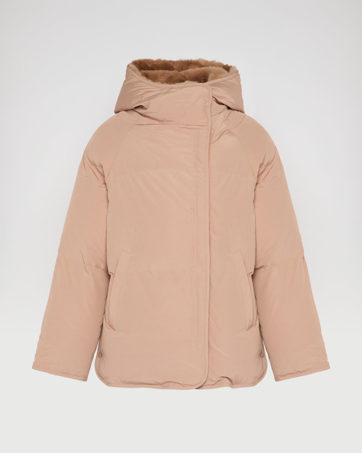 Short down jacket with rex rabbit fur trim