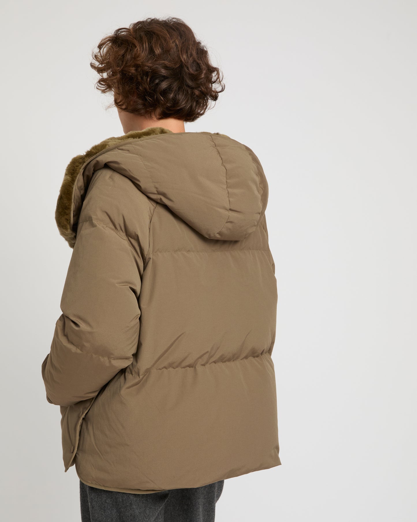 Short down jacket with rex rabbit fur trim