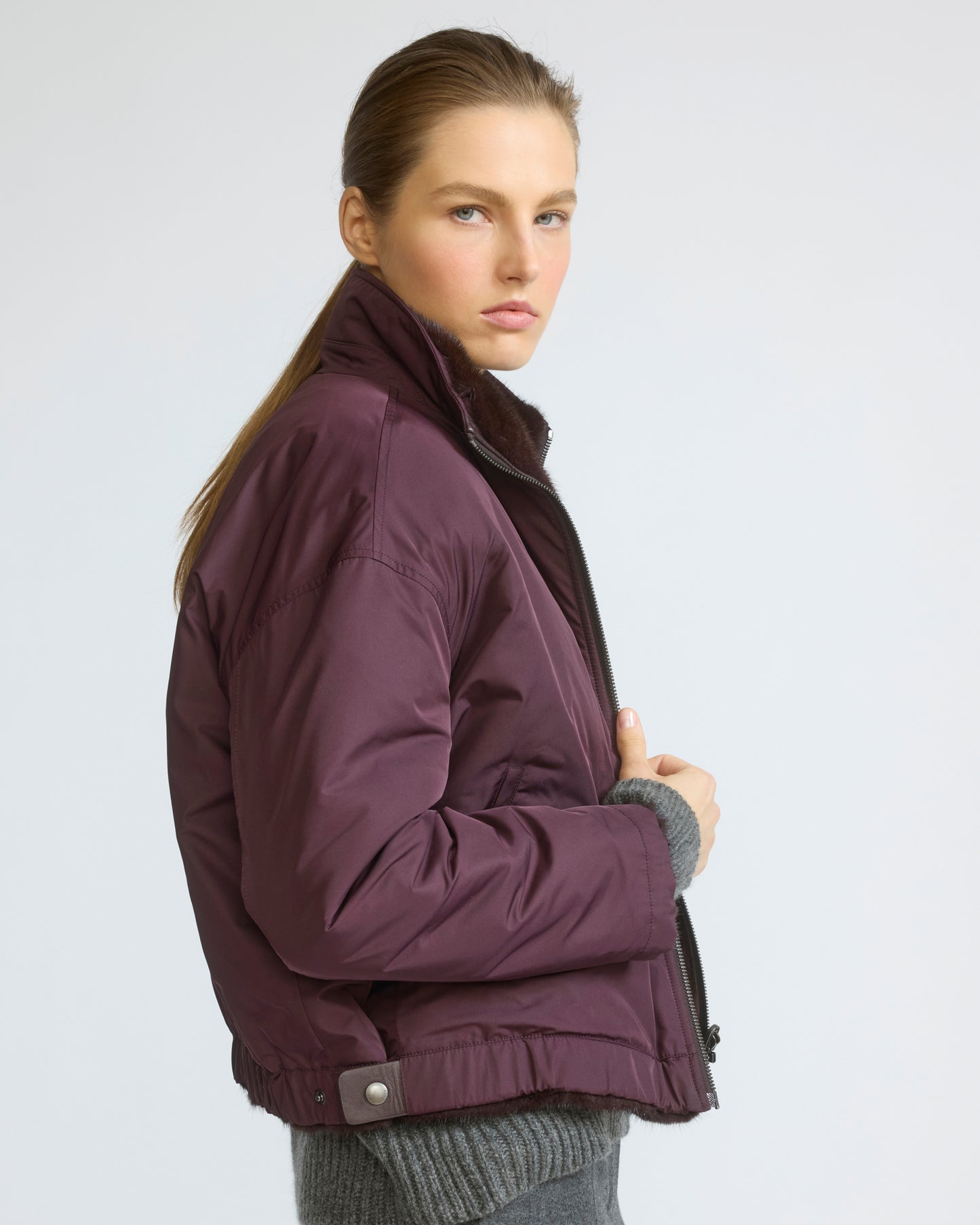 Reversible water-repellent technical fabric jacket with mink fur
