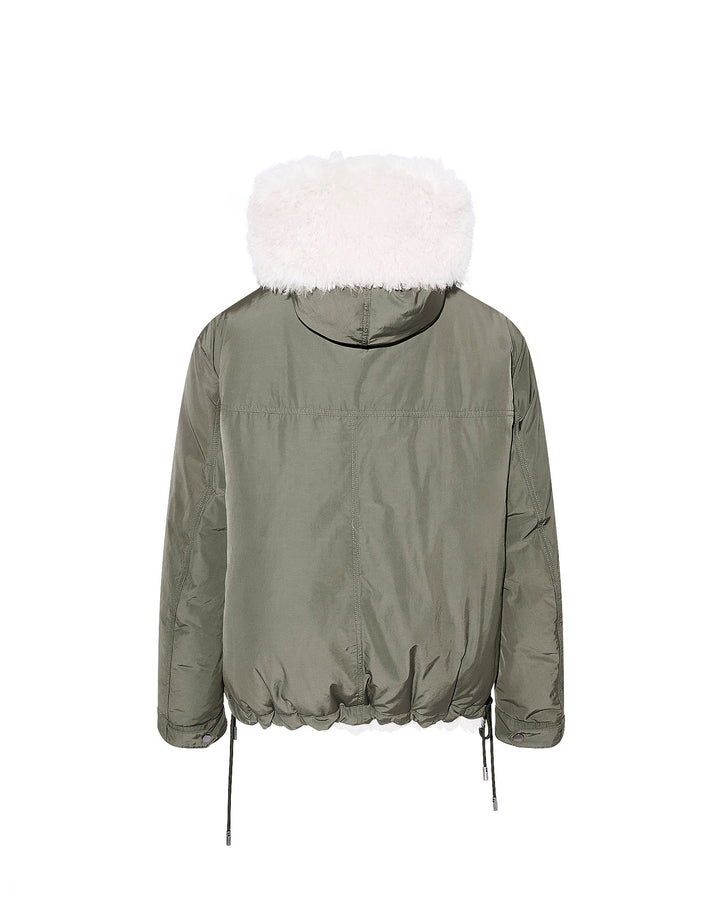 Hooded jacket in shearling reversible technical fabric