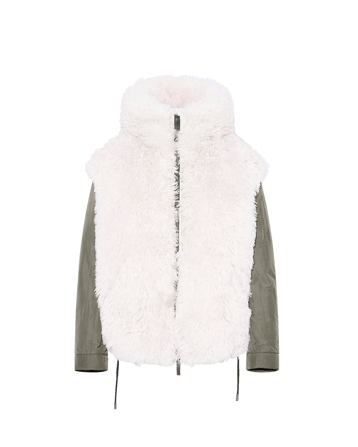 Hooded jacket in shearling reversible technical fabric