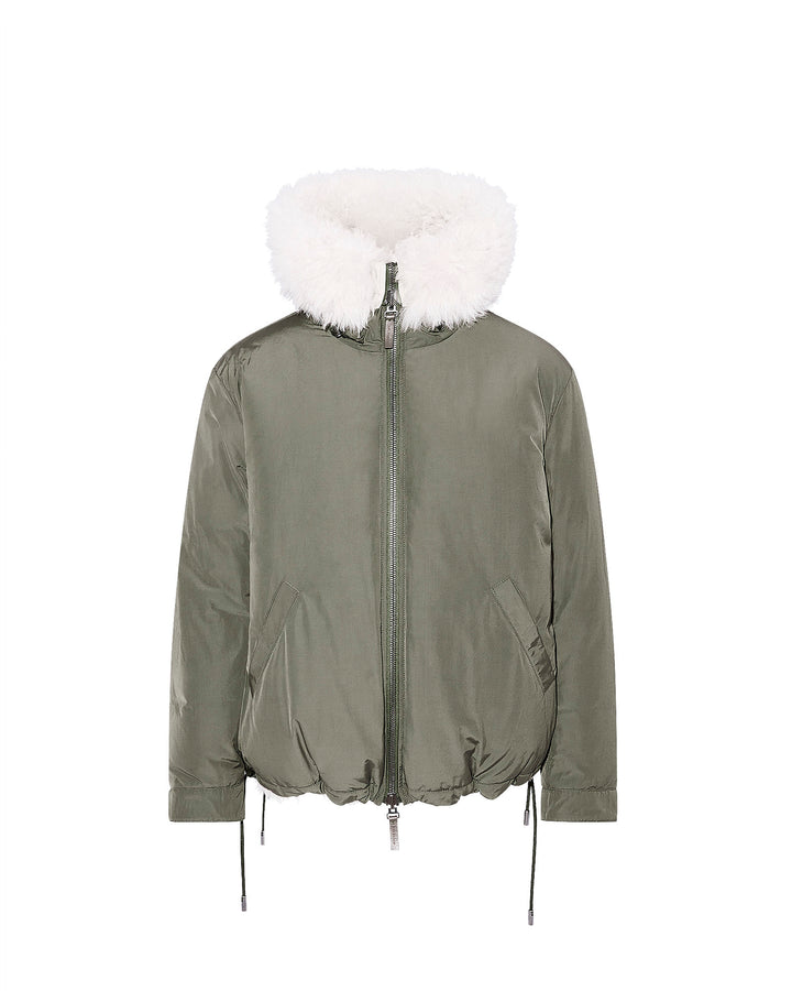Hooded jacket in shearling reversible technical fabric