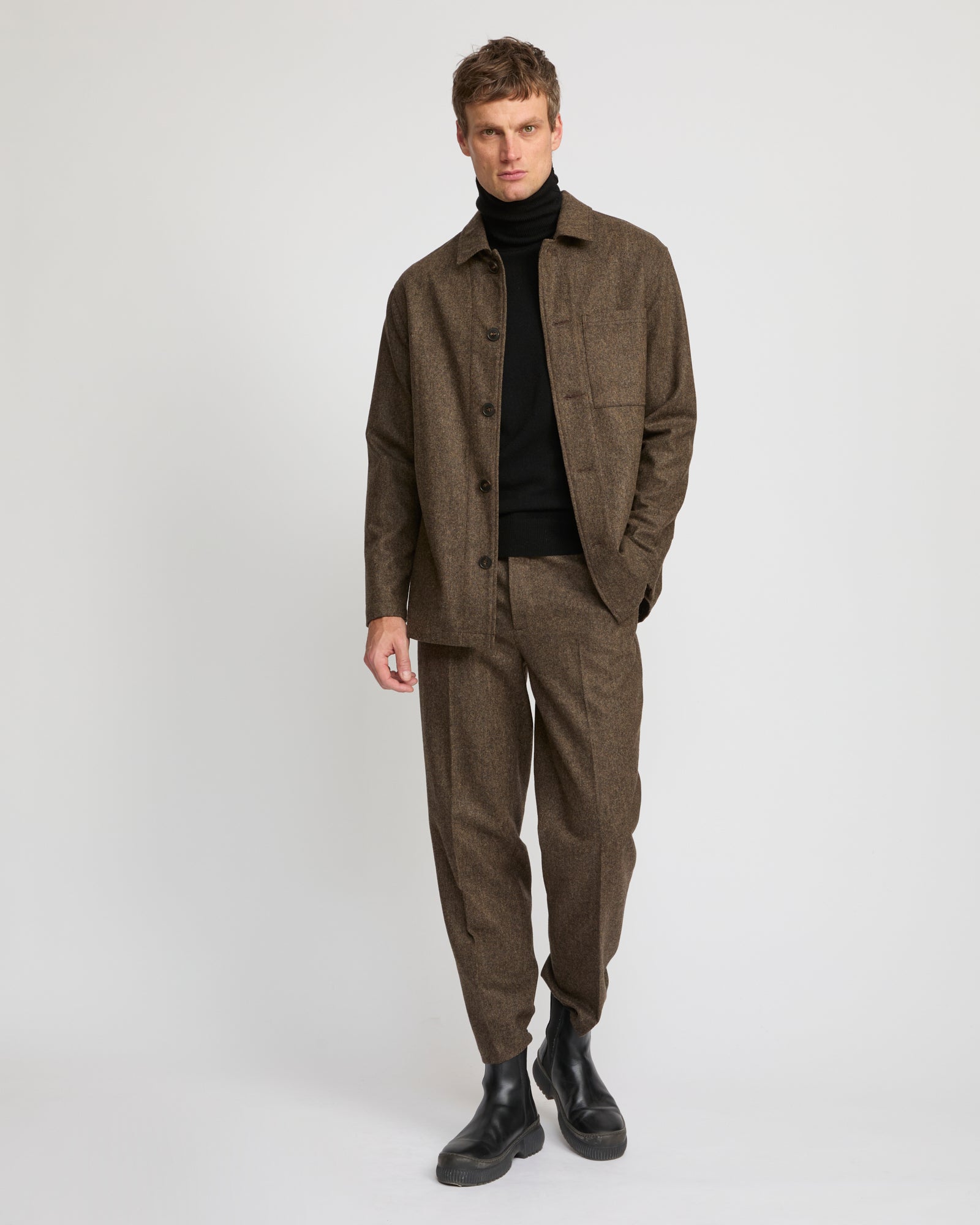 Winter sale -Overshirt in cashmere & wool tweed-brown – Yves Salomon