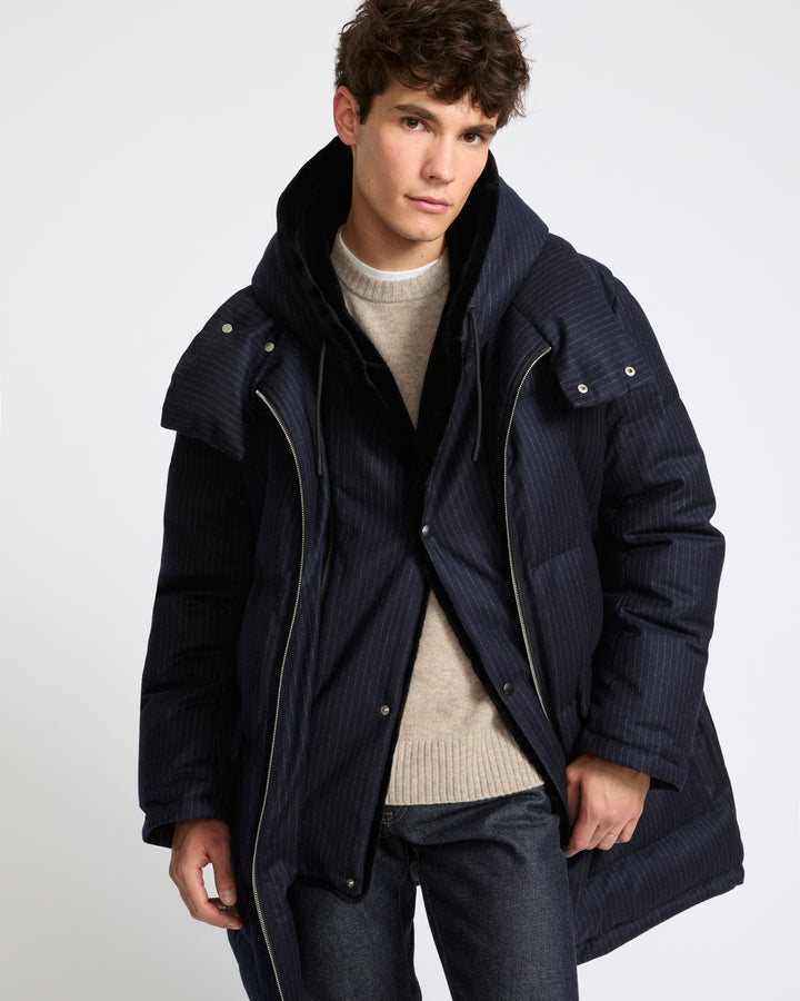 Doudoune longue en tissu jacquard Loro Piana imperméable avec plastron en fourrure de vison éjarré- Yves Salomon - Nouvelle collection Automne Hiver