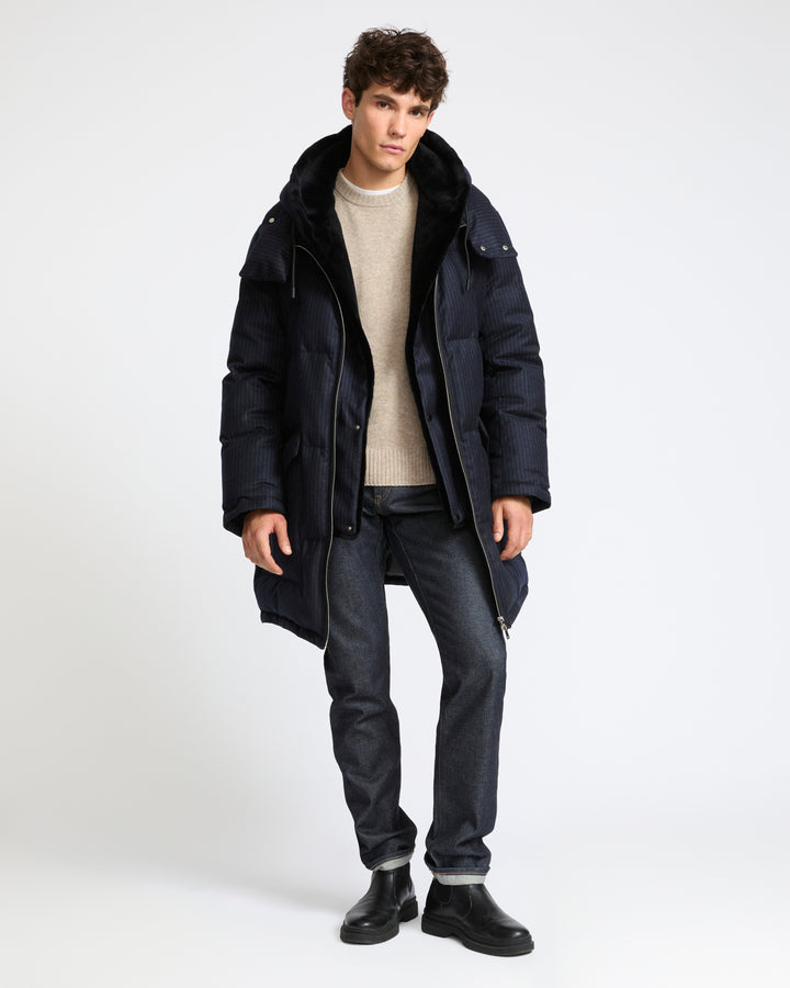 Doudoune longue en tissu jacquard Loro Piana imperméable avec plastron en fourrure de vison éjarré- Yves Salomon - Nouvelle collection Automne Hiver