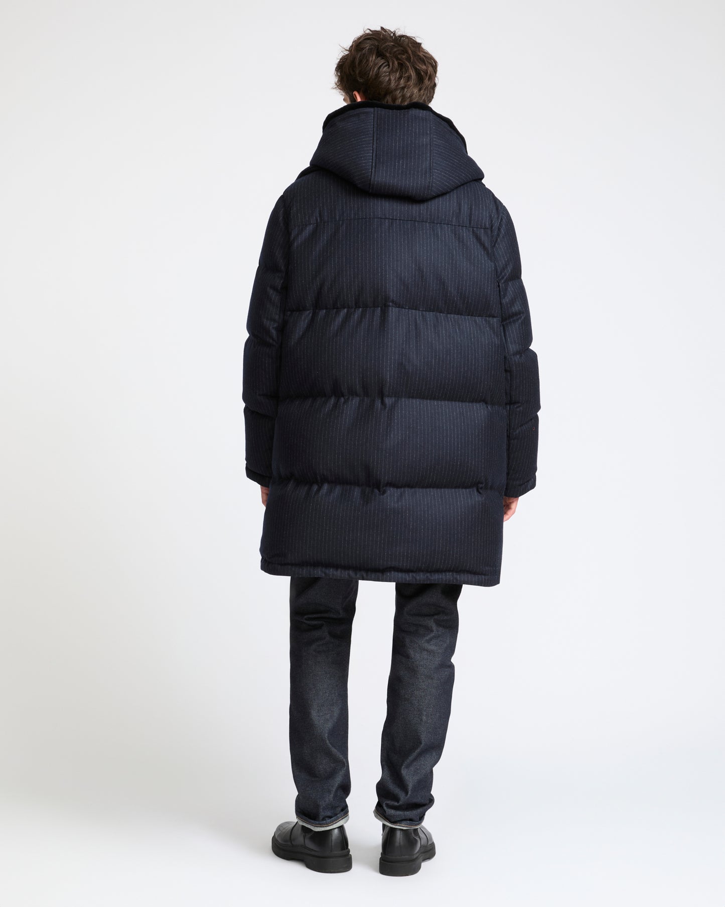 Doudoune longue en tissu jacquard Loro Piana imperméable avec plastron en fourrure de vison éjarré- Yves Salomon - Nouvelle collection Automne Hiver