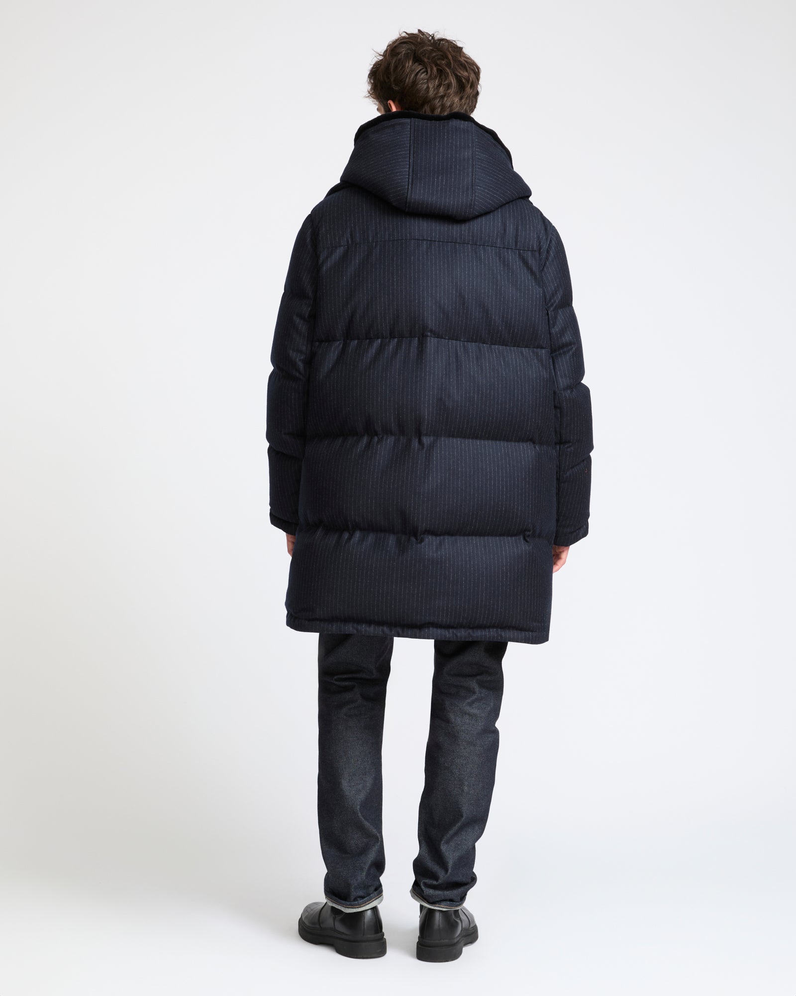 Doudoune longue en tissu jacquard Loro Piana imperméable avec plastron en fourrure de vison éjarré- Yves Salomon - Nouvelle collection Automne Hiver