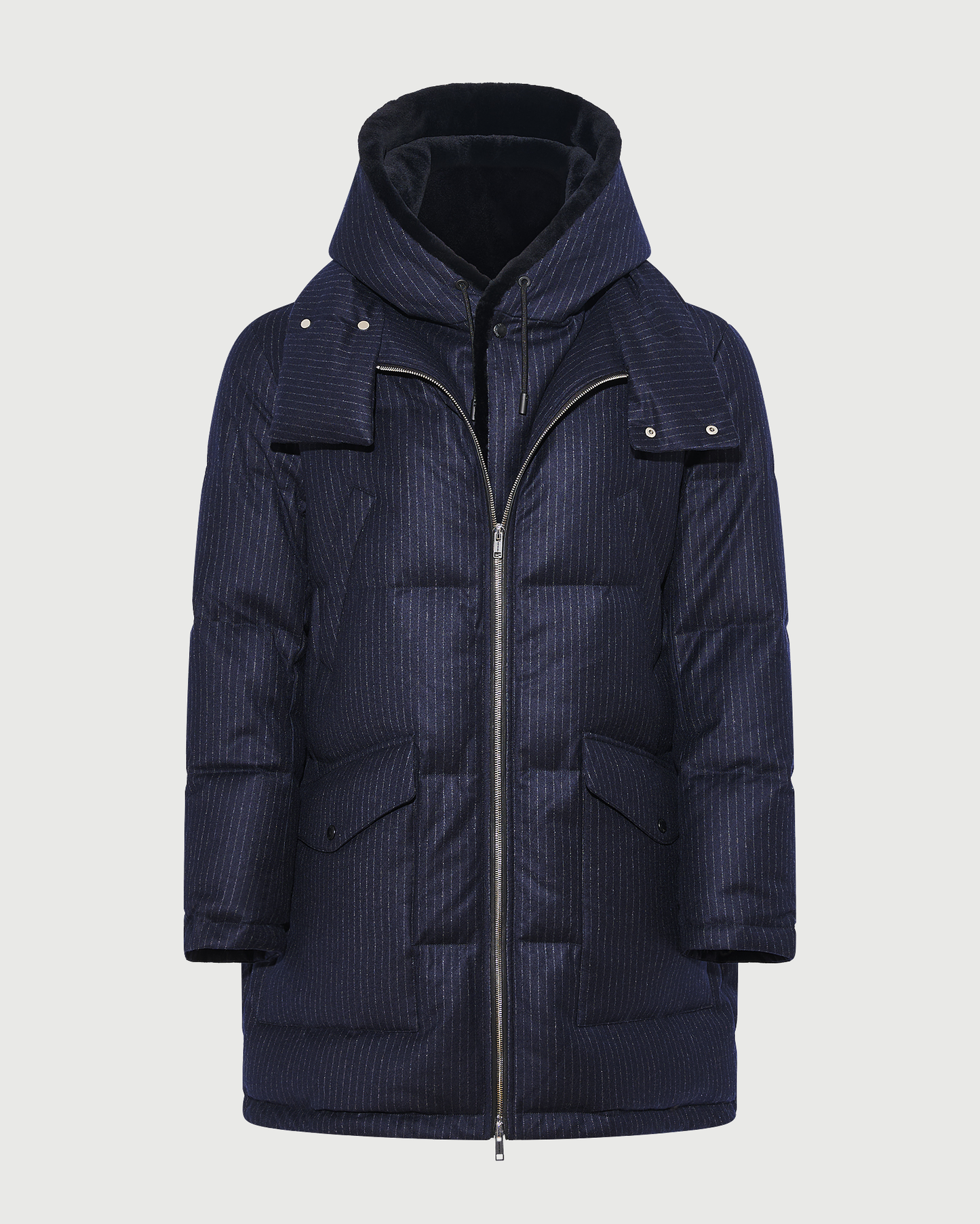 Doudoune longue en tissu jacquard Loro Piana imperméable avec plastron en fourrure de vison éjarré- Yves Salomon - Nouvelle collection Automne Hiver