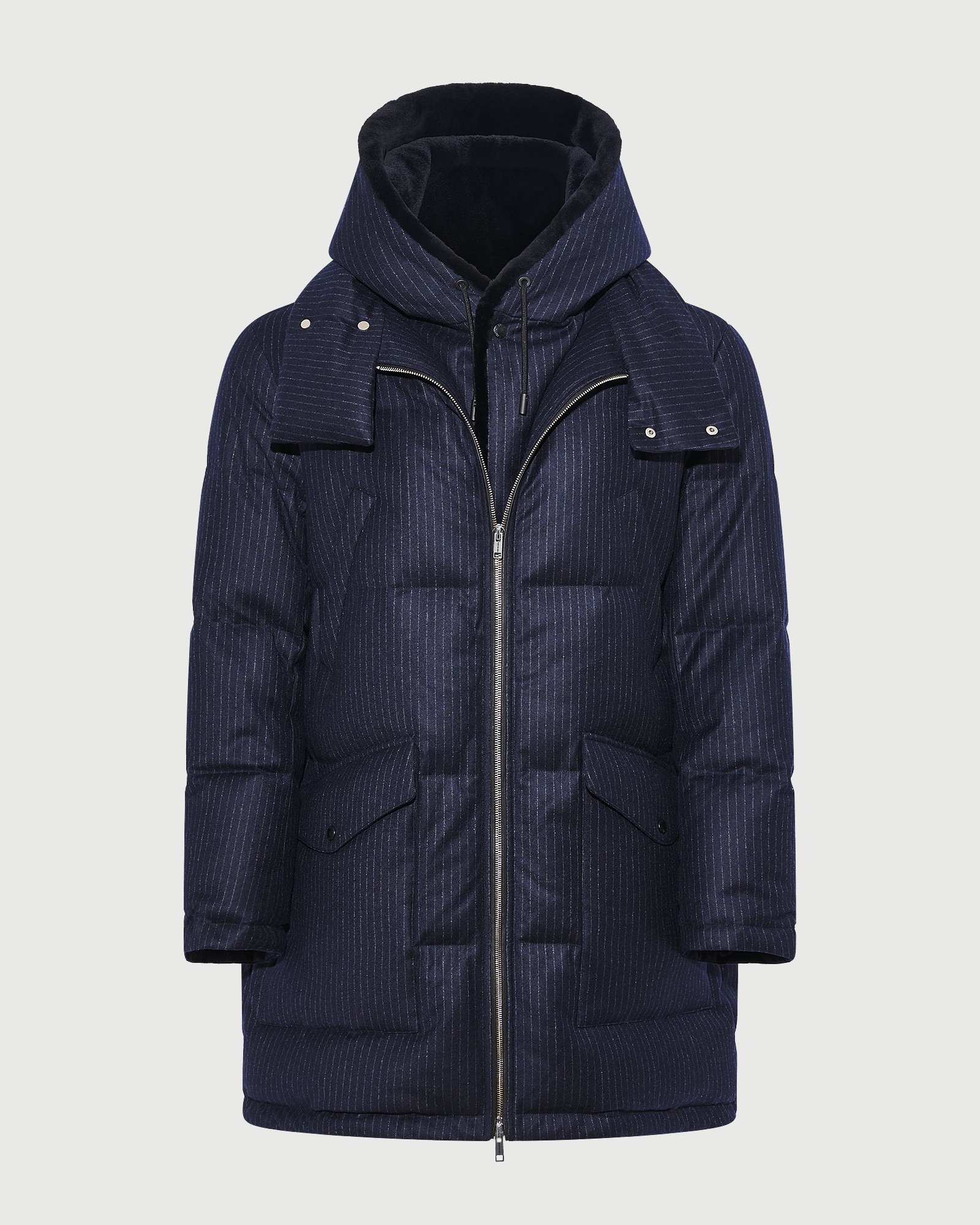Doudoune longue en tissu jacquard Loro Piana imperméable avec plastron en fourrure de vison éjarré- Yves Salomon - Nouvelle collection Automne Hiver