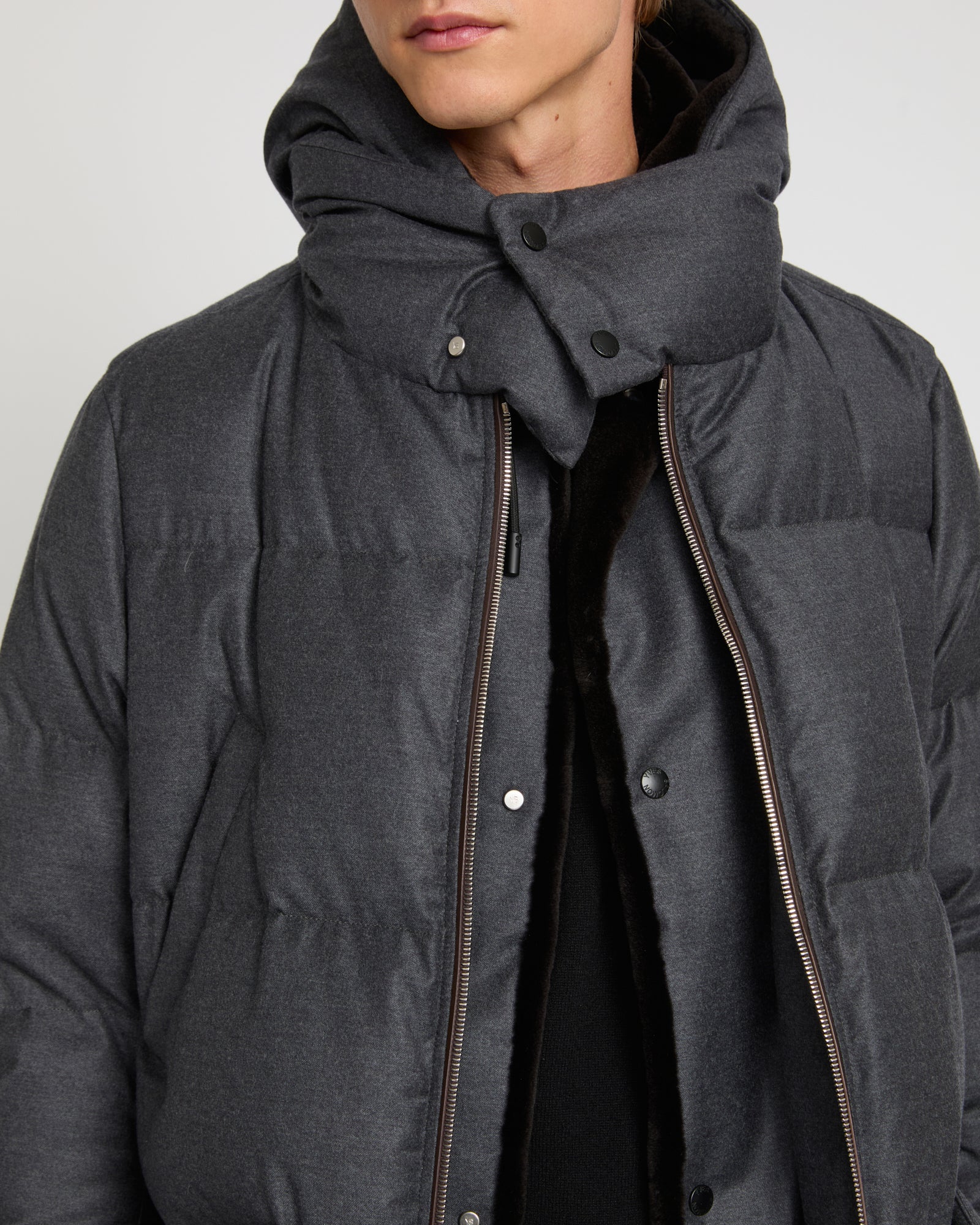 Loro Piana fabric down jacket with mink bib - Gray - Yves Salomon