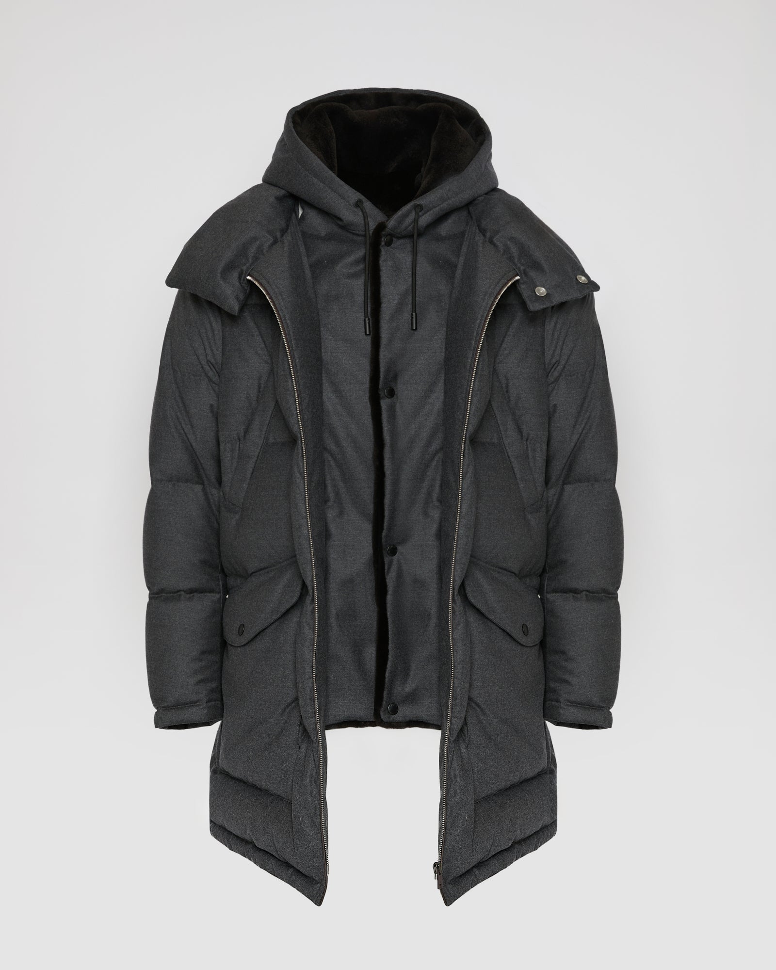 Loro Piana fabric down jacket with mink bib - Gray - Yves Salomon