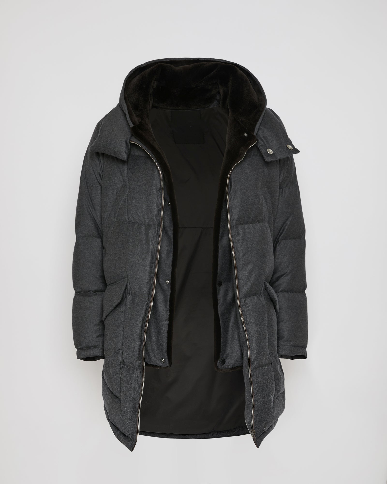 Loro Piana fabric down jacket with mink bib - Gray - Yves Salomon