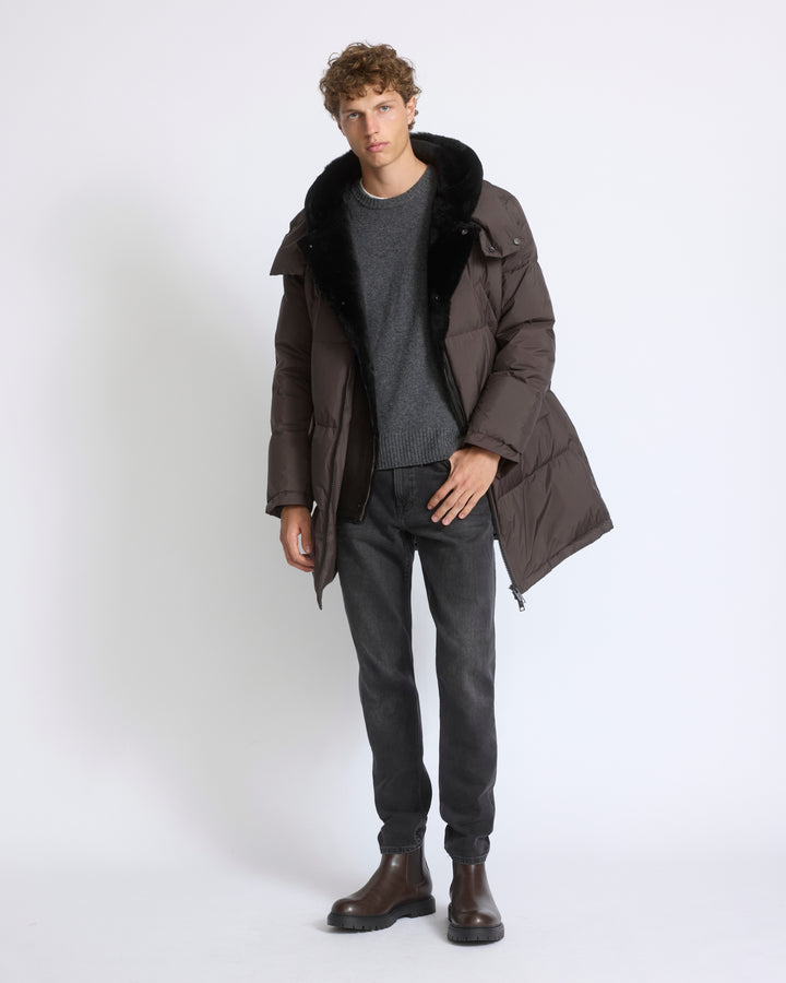 Doudoune avec plastron en peau lainée d'agneau Mérinos - Yves Salomon - Nouvelle collection Automne Hiver