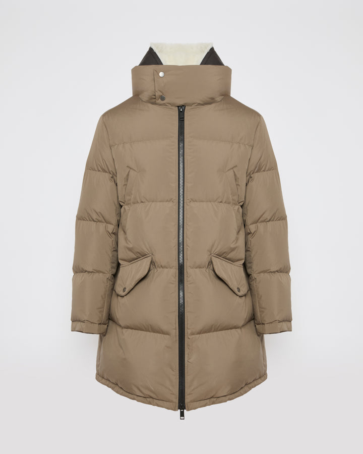 Down jacket with lambskin shearling bib