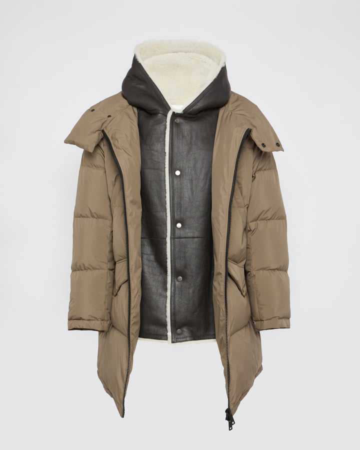 Down jacket with lambskin shearling bib