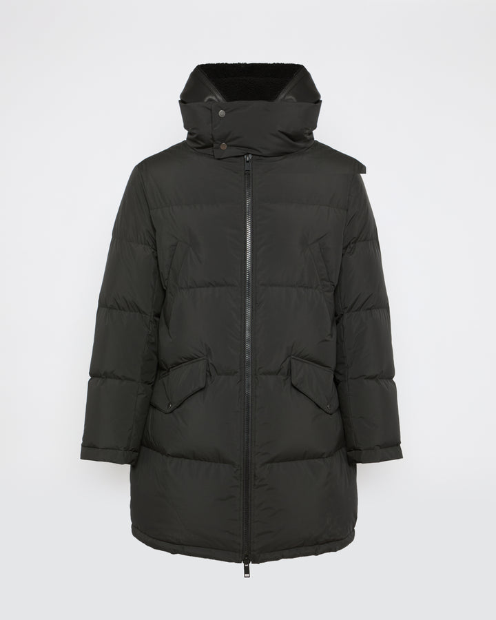Down jacket with lambskin shearling bib