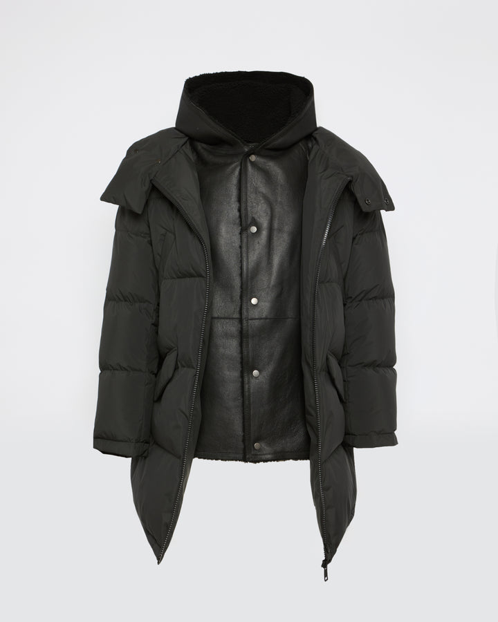 Down jacket with lambskin shearling bib