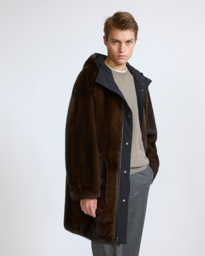 Parka réversible en fourrure de vison long poil et tissu technique
