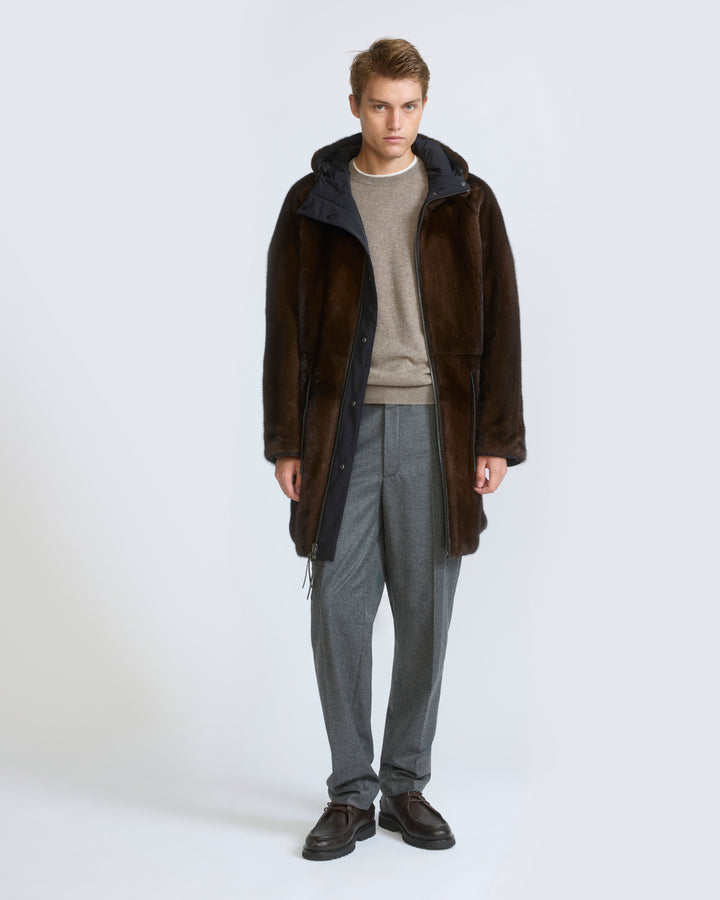 Parka réversible en fourrure de vison long poil et tissu technique