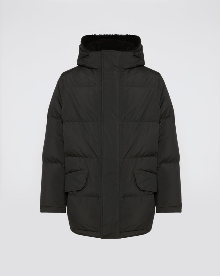 Down jacket in technical fabric and lambskin shearling