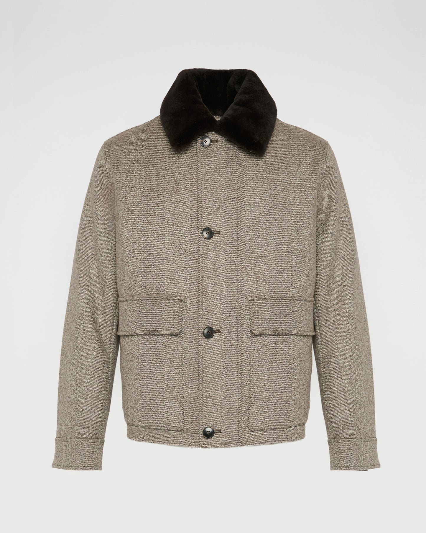 Veste en tissu lainage chevron avec col en fourrure de vison