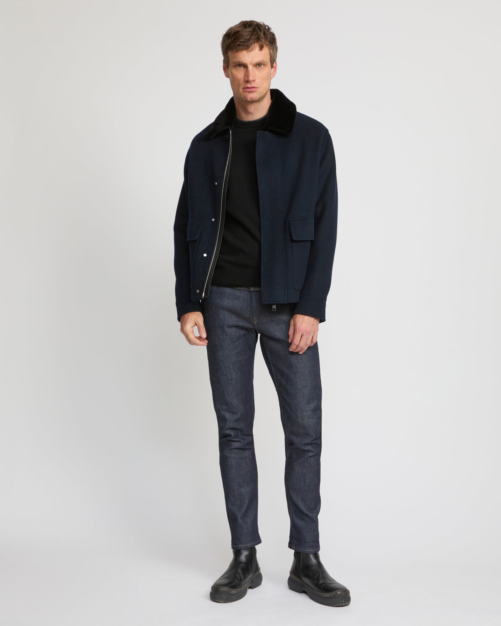 Jacket in wool-cashmere fabric with mink - Dark blue - Yves Salomon